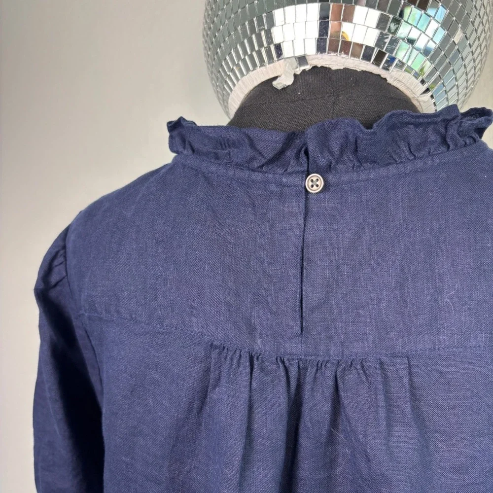 J.Crew 100% Linen Smocked Puff Sleeve Ruffle Top, Medium Navy Blue Preppy office
